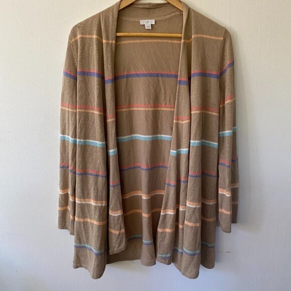 J.Jill Cardigan Womens Small Sweater Striped Open Front Linen Blend Long Line - Picture 1 of 8
